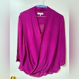Babaton 100% Silk Draped V-Neck Blouse in Fuchsia